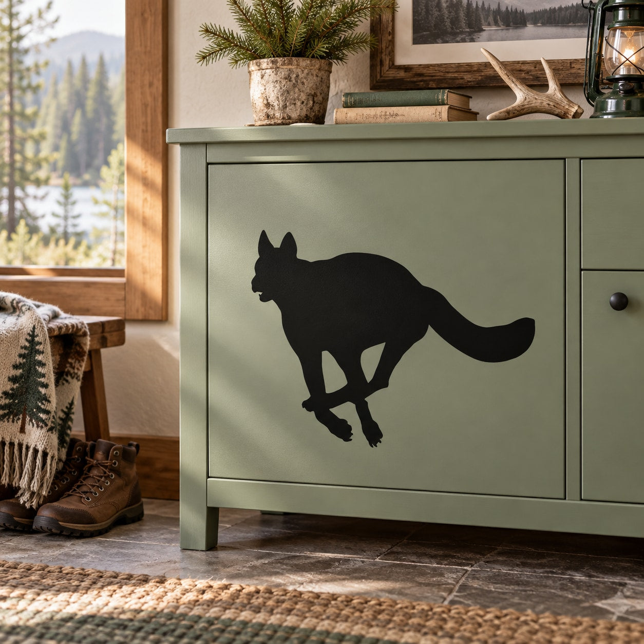 Running wolf silhouette decal: black running wolf on cabinet drawer panel