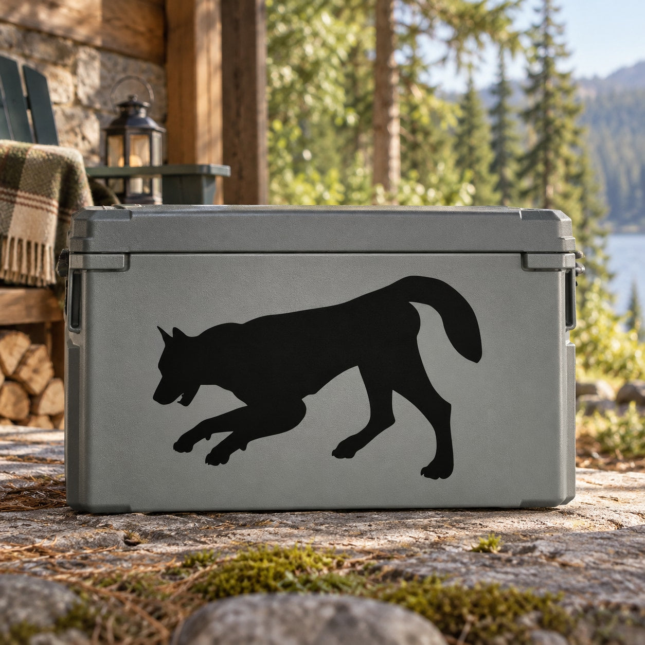 Wolf silhouette decal sticker with black running wolf graphic on gray surface