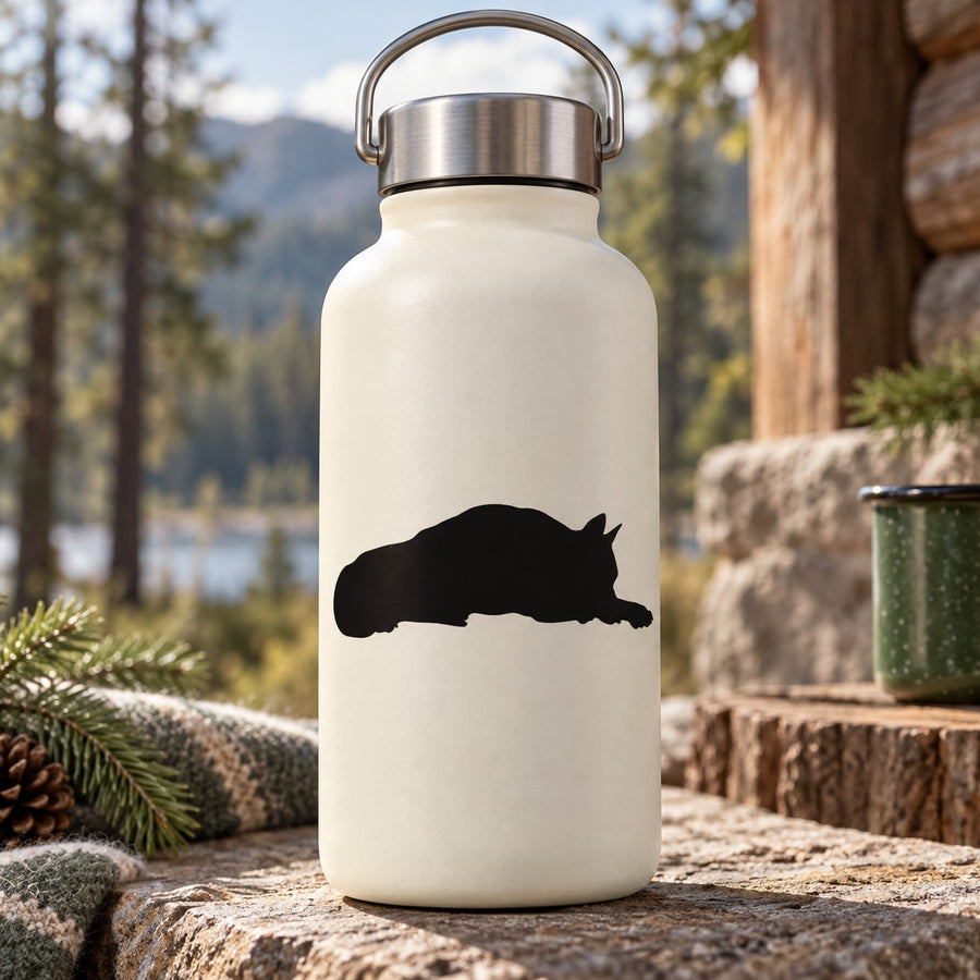 Black sleeping wolf silhouette decal on white water bottle