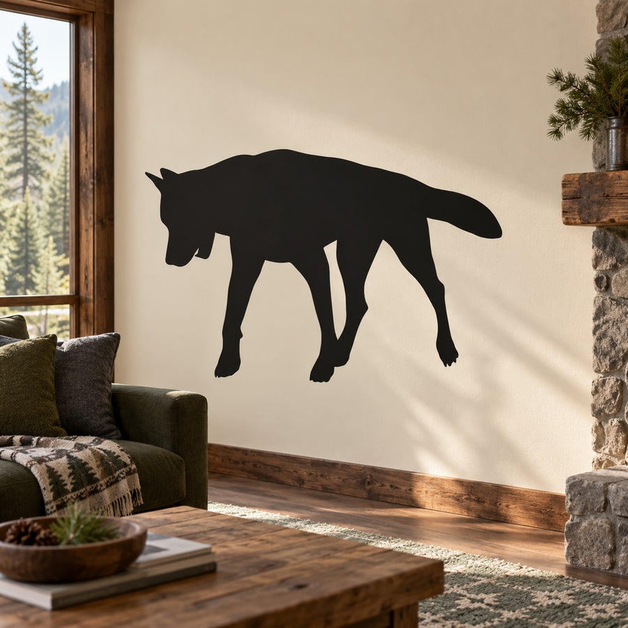 Black lowered-head wolf wall decal, bold silhouette.