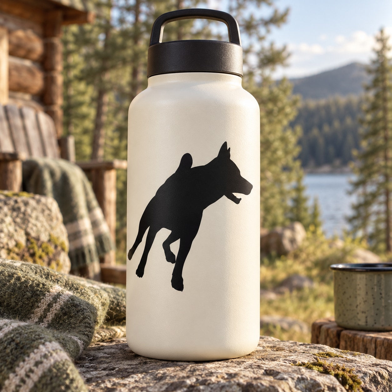 Black wolf silhouette decal on off-white water bottle with screw-top lid