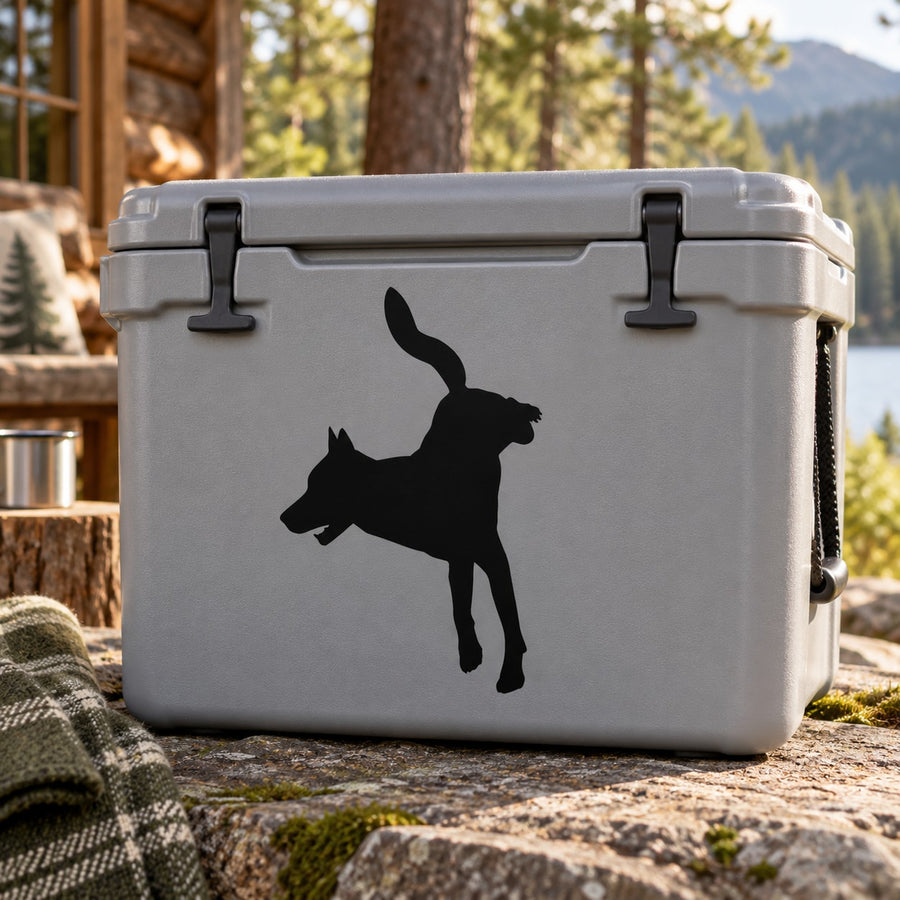 Running wolf silhouette decal on gray cooler