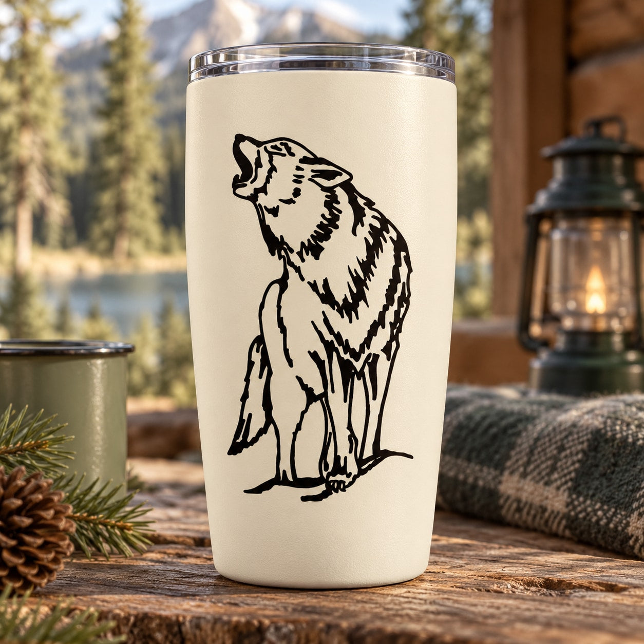 Howling tundra wolf decal in black line art on a light tumbler