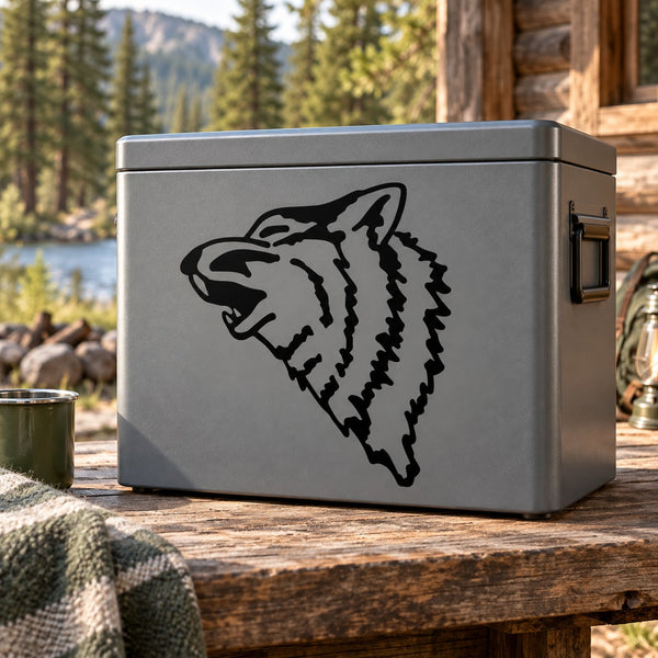Black wolf howling head decal on gray metal box front