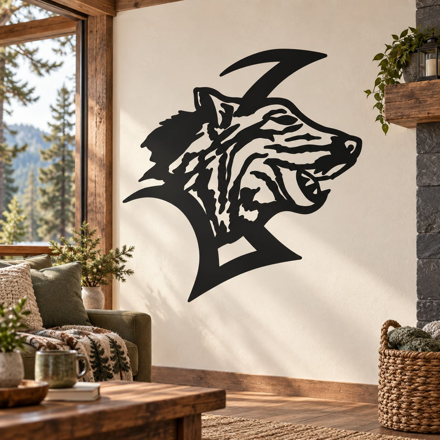 Razor-style wolf head wall decal in black with sharp tribal details