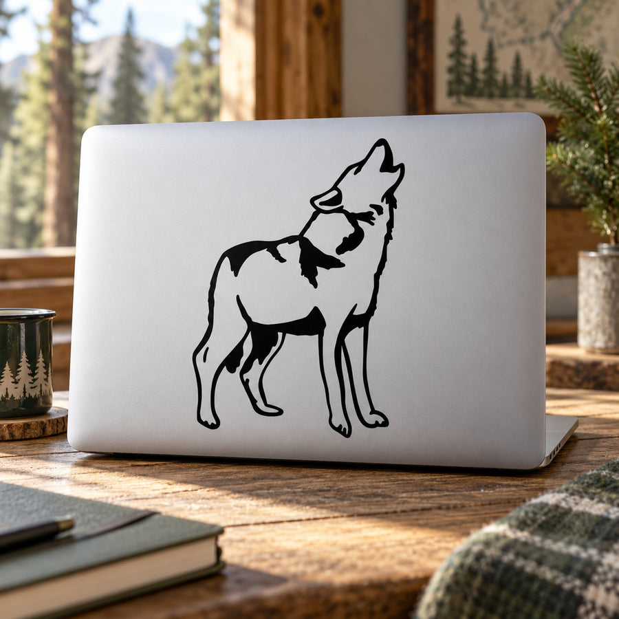 Howling tundra wolf decal, black silhouette on light background