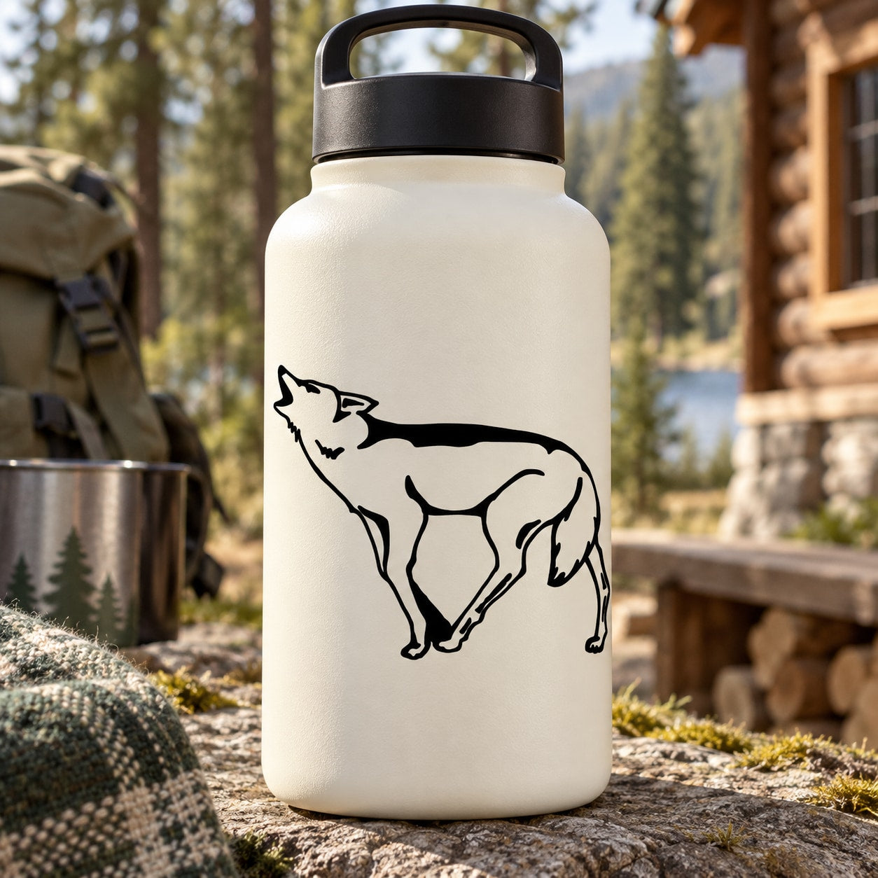 White water bottle with black wolf howling pose decal