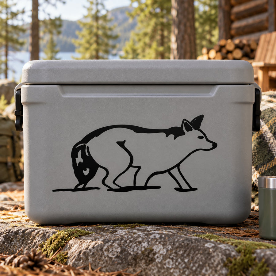 Crouching arctic wolf decal on gray cooler
