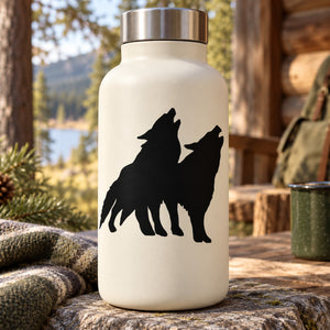 Water bottle with two wolves howling silhouette decal, black on white