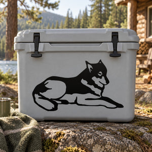 Sleepy Wolf decal featuring black sleeping wolf graphic on light gray cooler