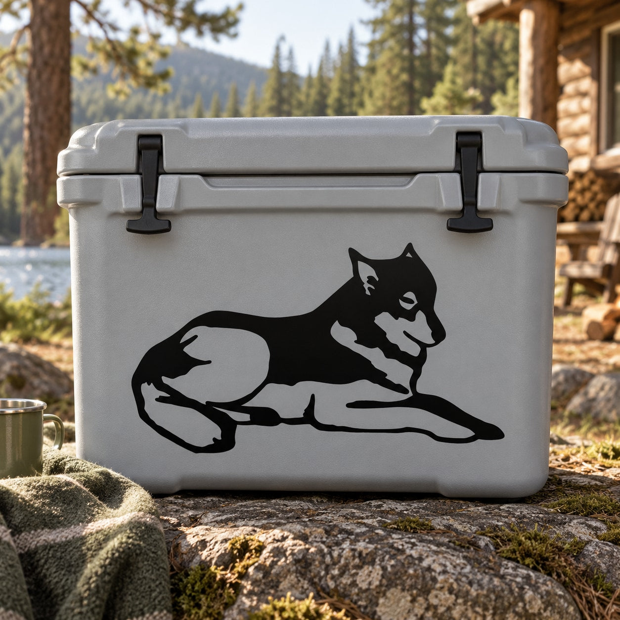 Sleepy Wolf decal featuring black sleeping wolf graphic on light gray cooler