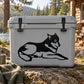 Sleepy Wolf decal featuring black sleeping wolf graphic on light gray cooler