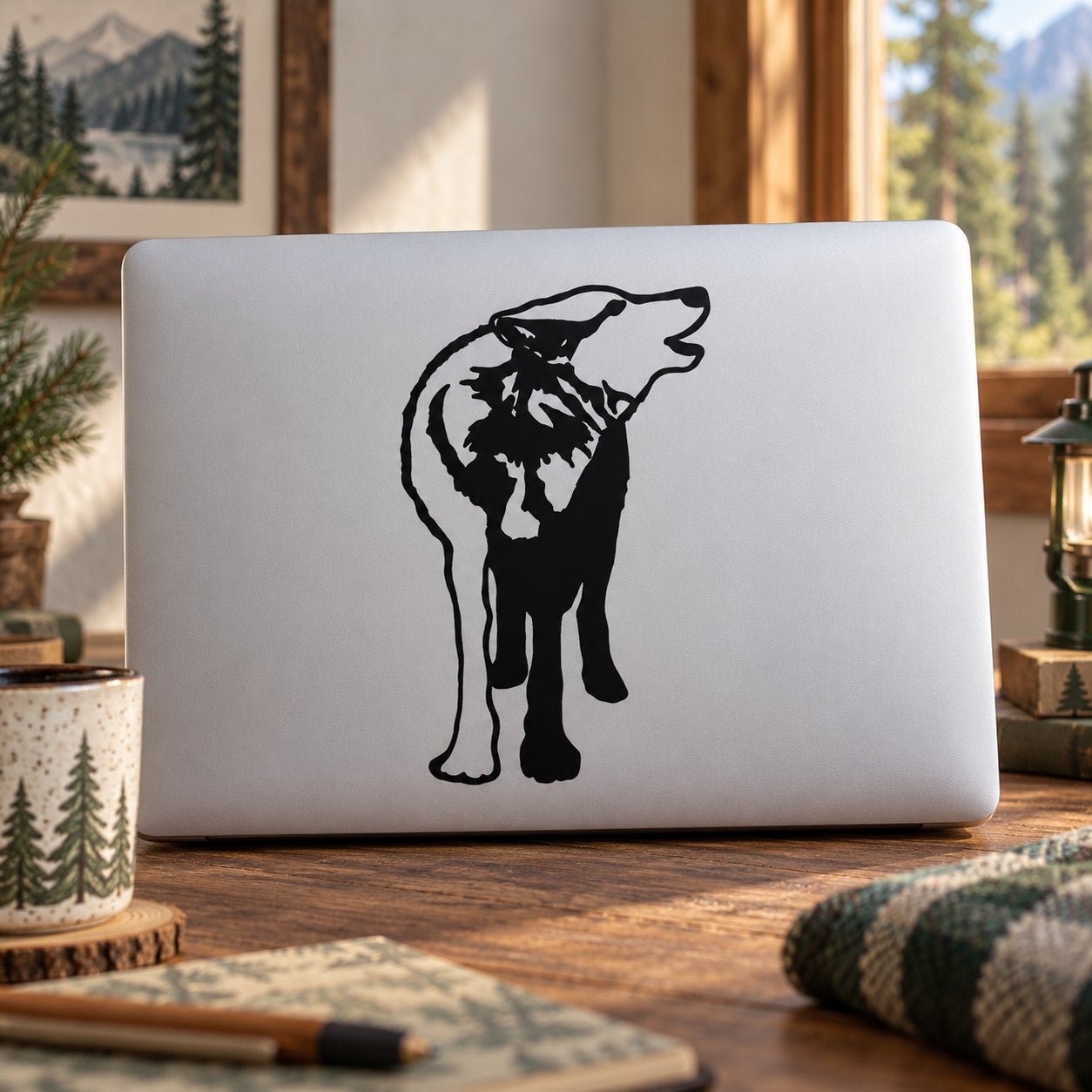 Howling wolf decal, black silhouette graphic on light laptop lid