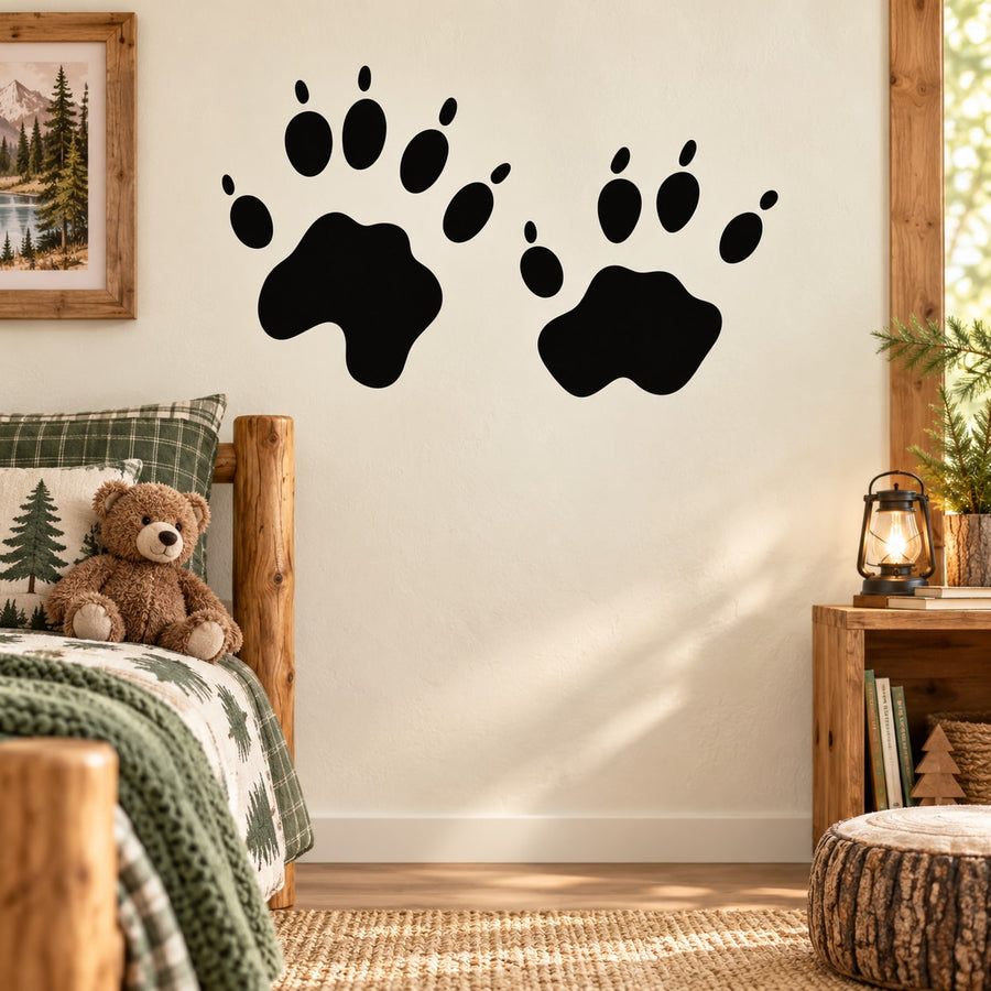 Black paw track wall decal with three large paw prints and smaller tracks
