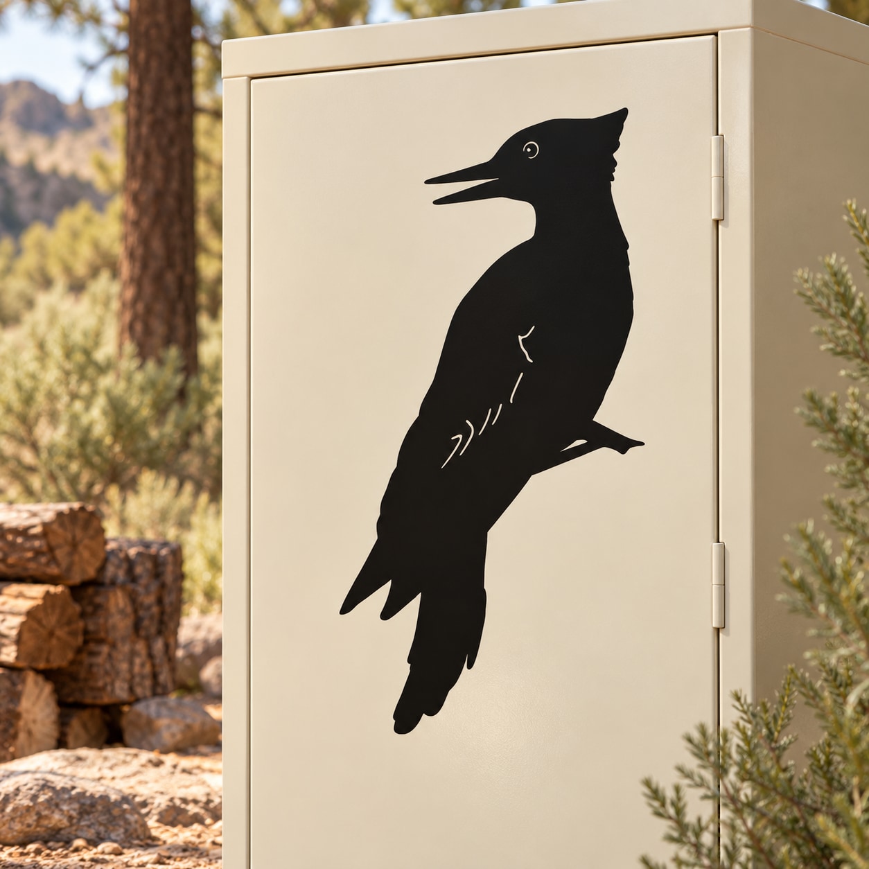 Black woodpecker turning-head silhouette decal for doors or windows