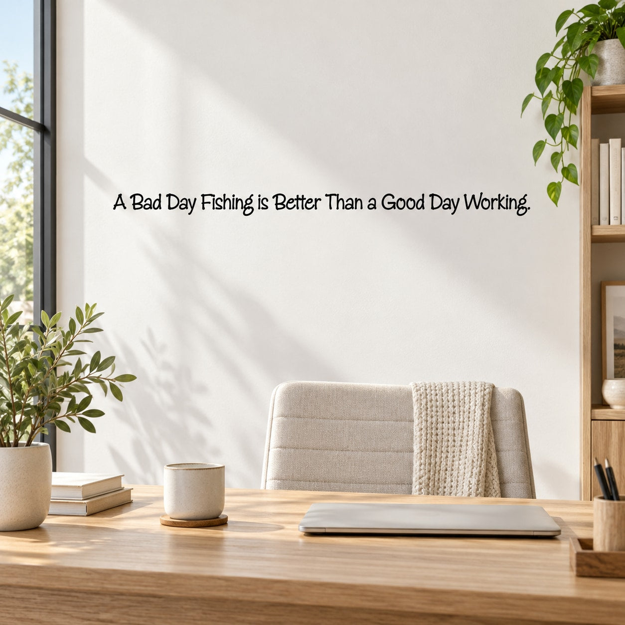 Wall quote mural decal with black fishing quote text on a white wall