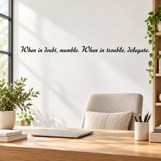 Wall quote mural decal with cursive quote: When in doubt, mumble; When in trouble, delegate.