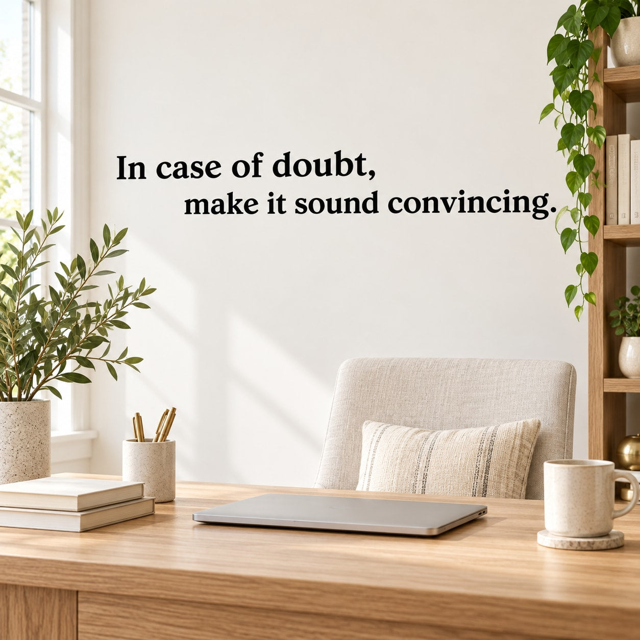 Wall quote decal with black text: In case of doubt, make it sound convincing.