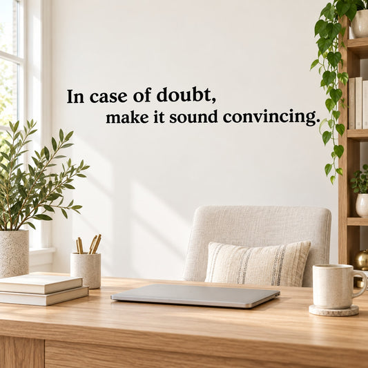 Wall quote decal with black text: In case of doubt, make it sound convincing.