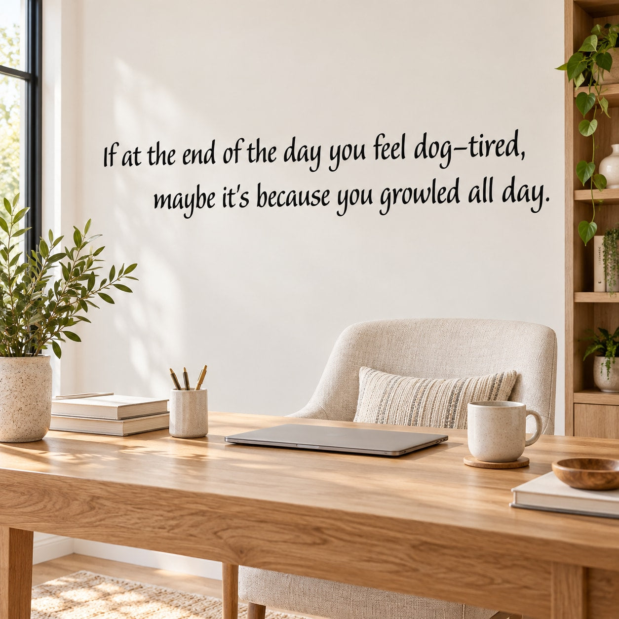 Wall quote mural decal with dog-tired message and growled all day text