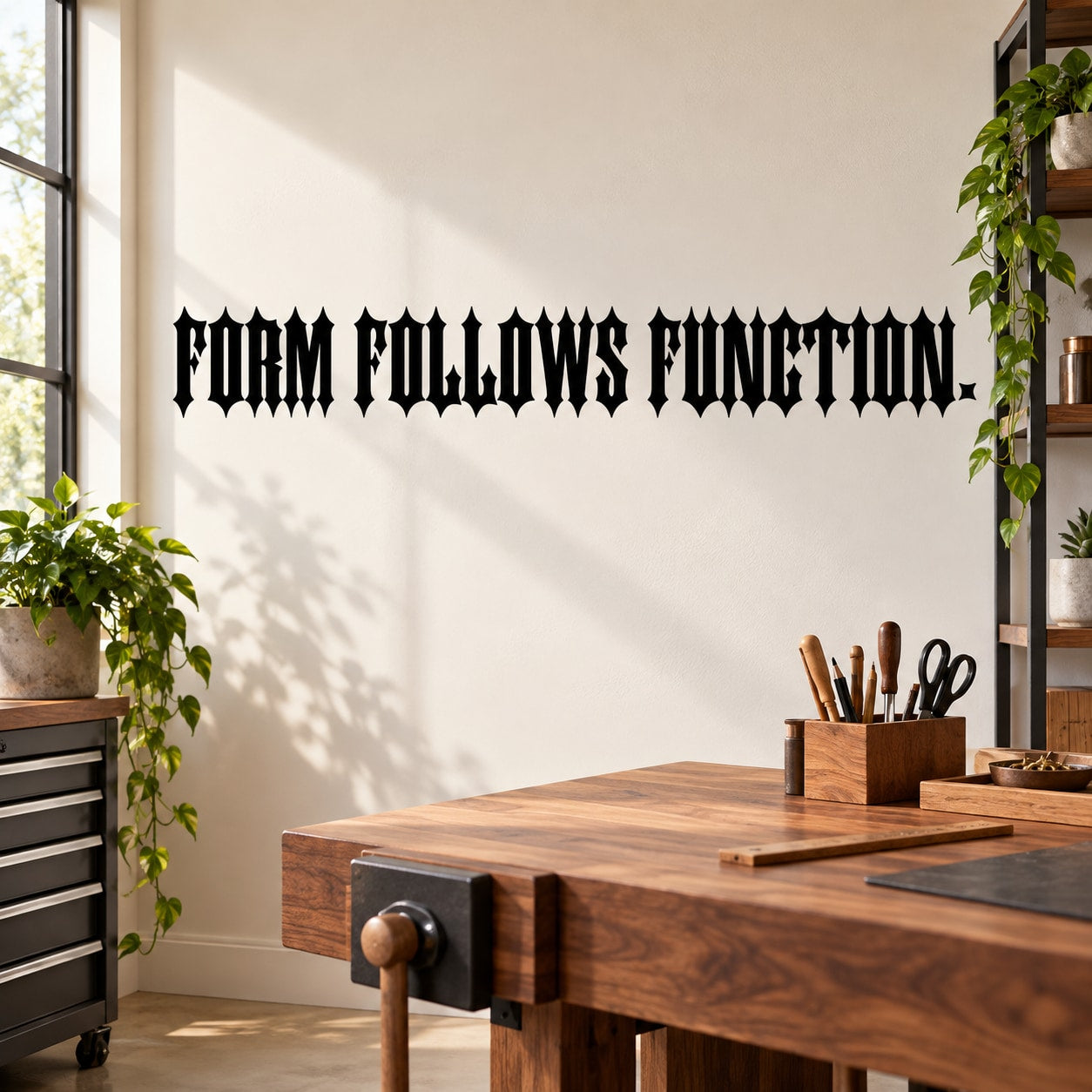 Black wall quote mural decal with "FORM FOLLOWS FUNCTION" lettering