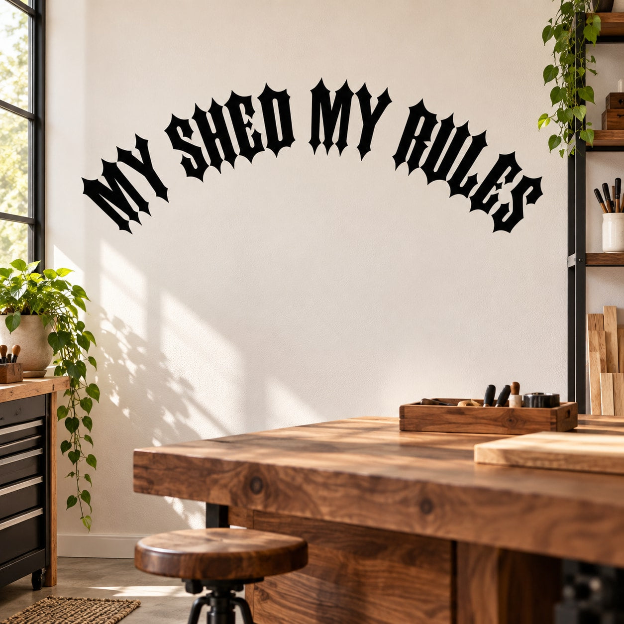 Arched black wall quote decal reading 'SHED MY RULES'.