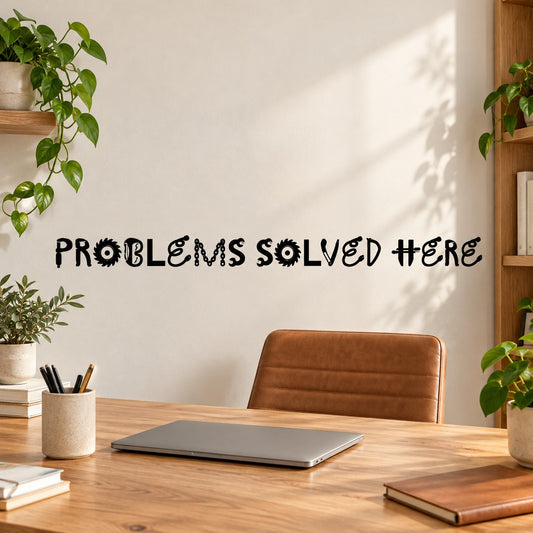 Wall quote decal: 'PROBLEMS SOLVED HERE' in colorful lettering