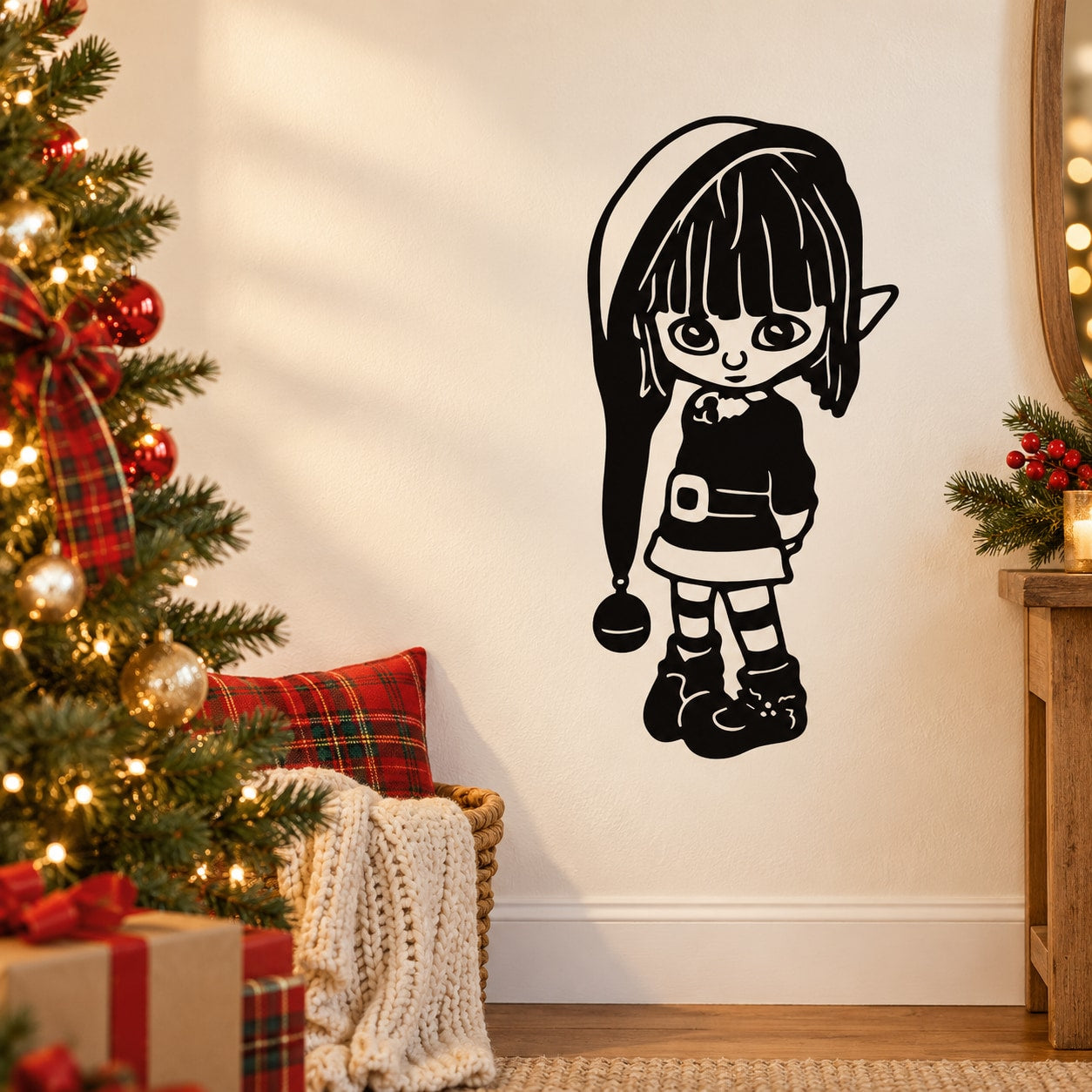Christmas elf wall decal, black outline girl elf with striped legs and boots.