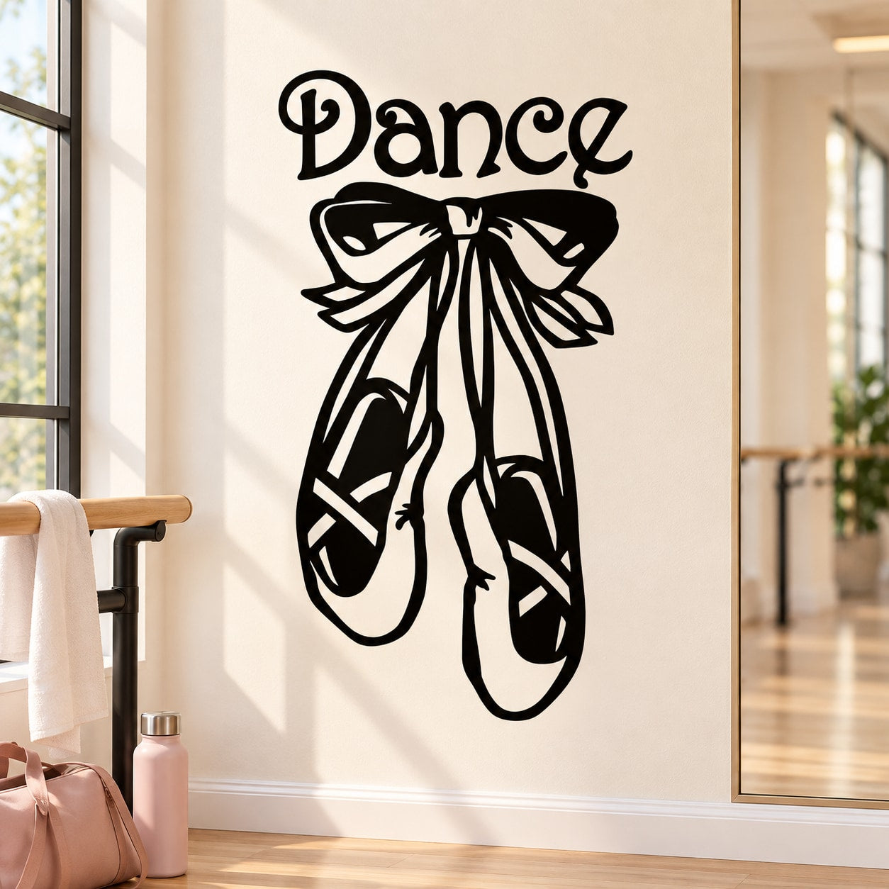 Ballerina dance wall decal set with “Dance” text and ribbon ballet shoes silhouette