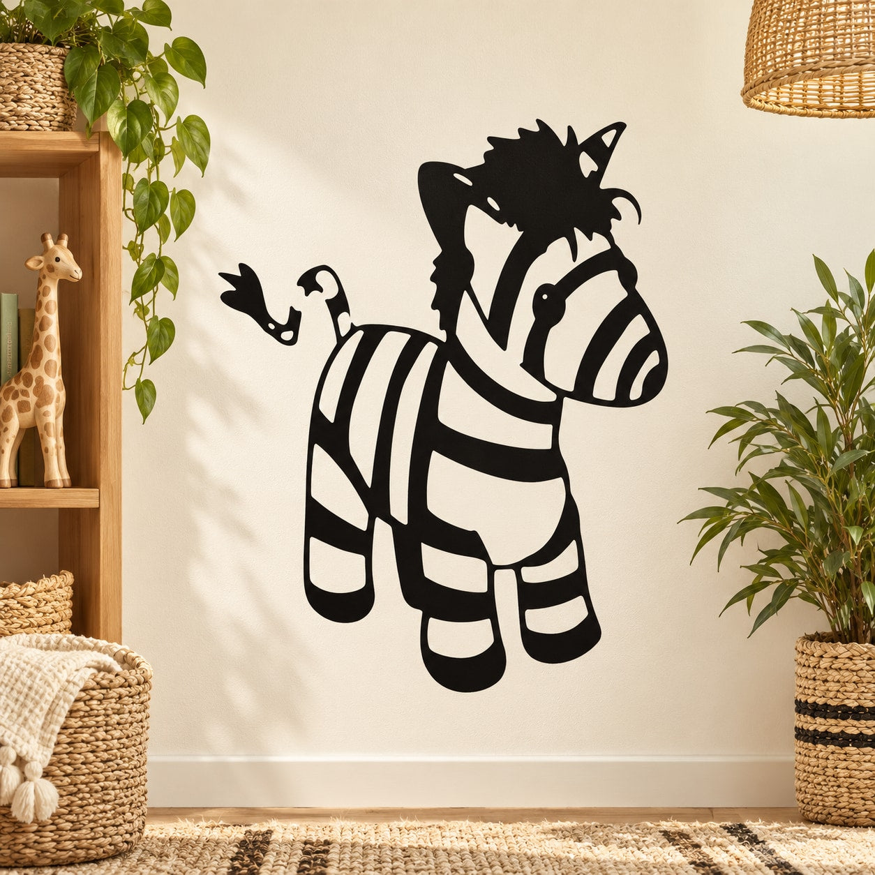 Zebra toy decal with black-and-white zebra jumping
