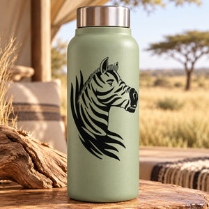 Sage water bottle with black zebra head decal graphic