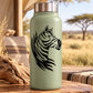 Sage water bottle with black zebra head decal graphic