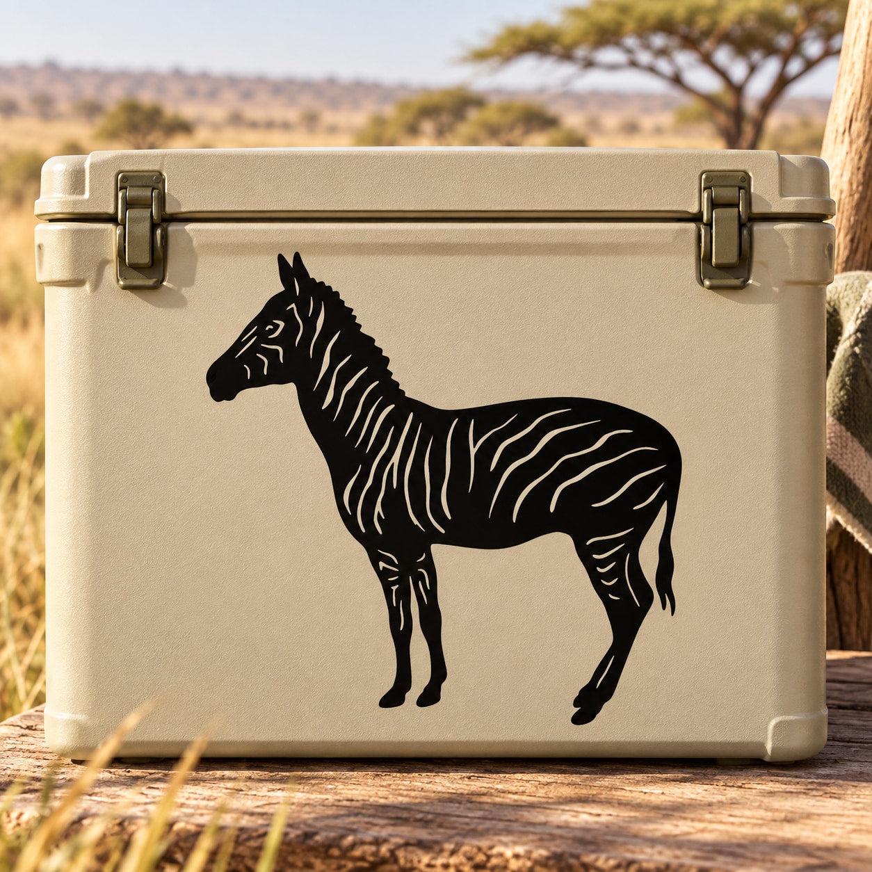 Zebra standing decal with black zebra silhouette on light backing
