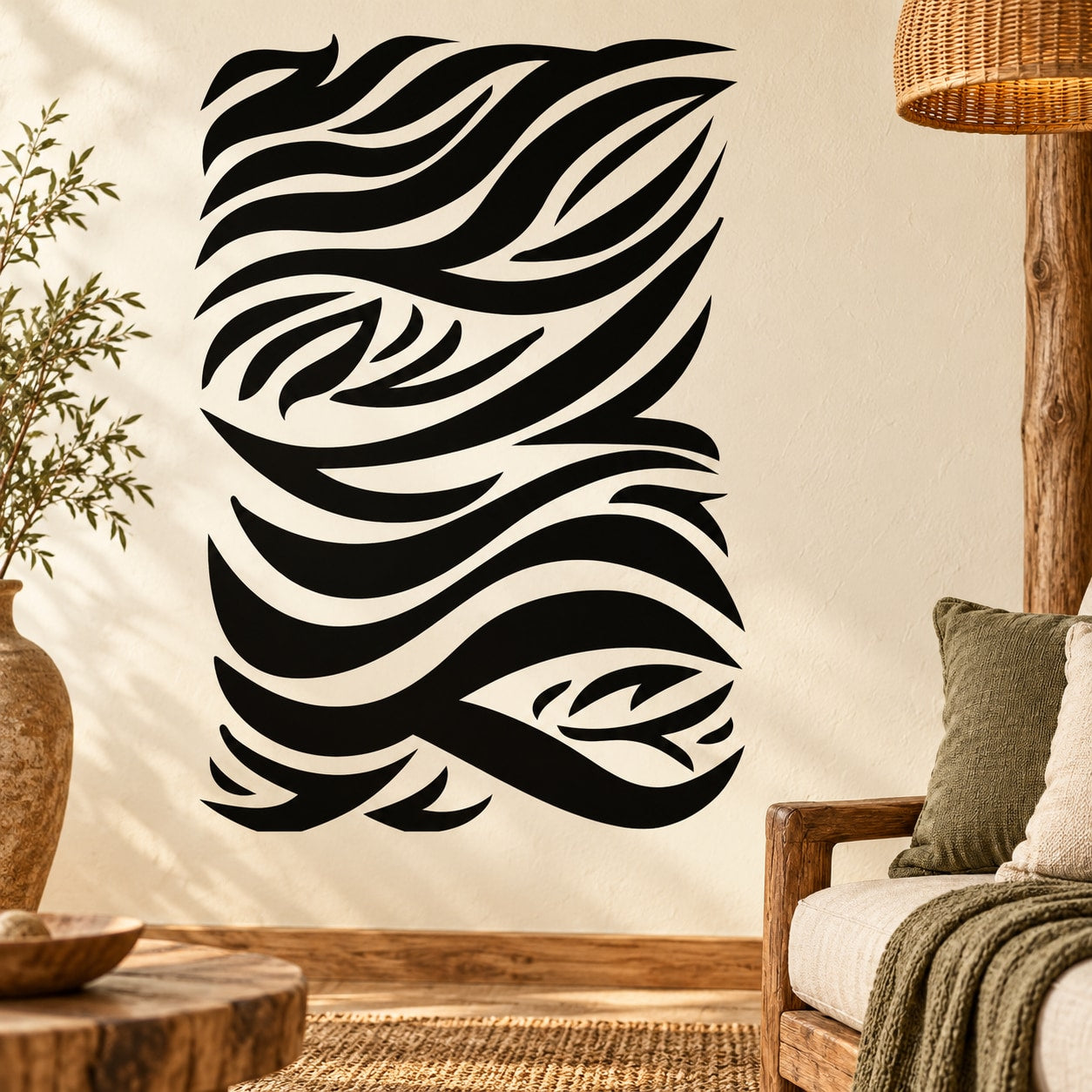 Black zebra-pattern wall decal with bold stripes and face detail