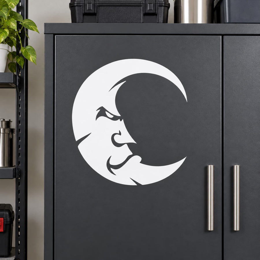 Dark moon wall decal with a white crescent and smiling face design