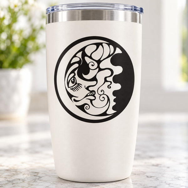 White tumbler with black moon-face decal in a circular design