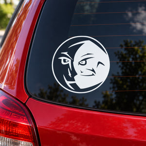 Moon face decal, circular white sticker with two stern faces on car