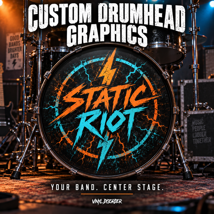 Drumhead skin with Static Riot lightning graphic in blue and orange