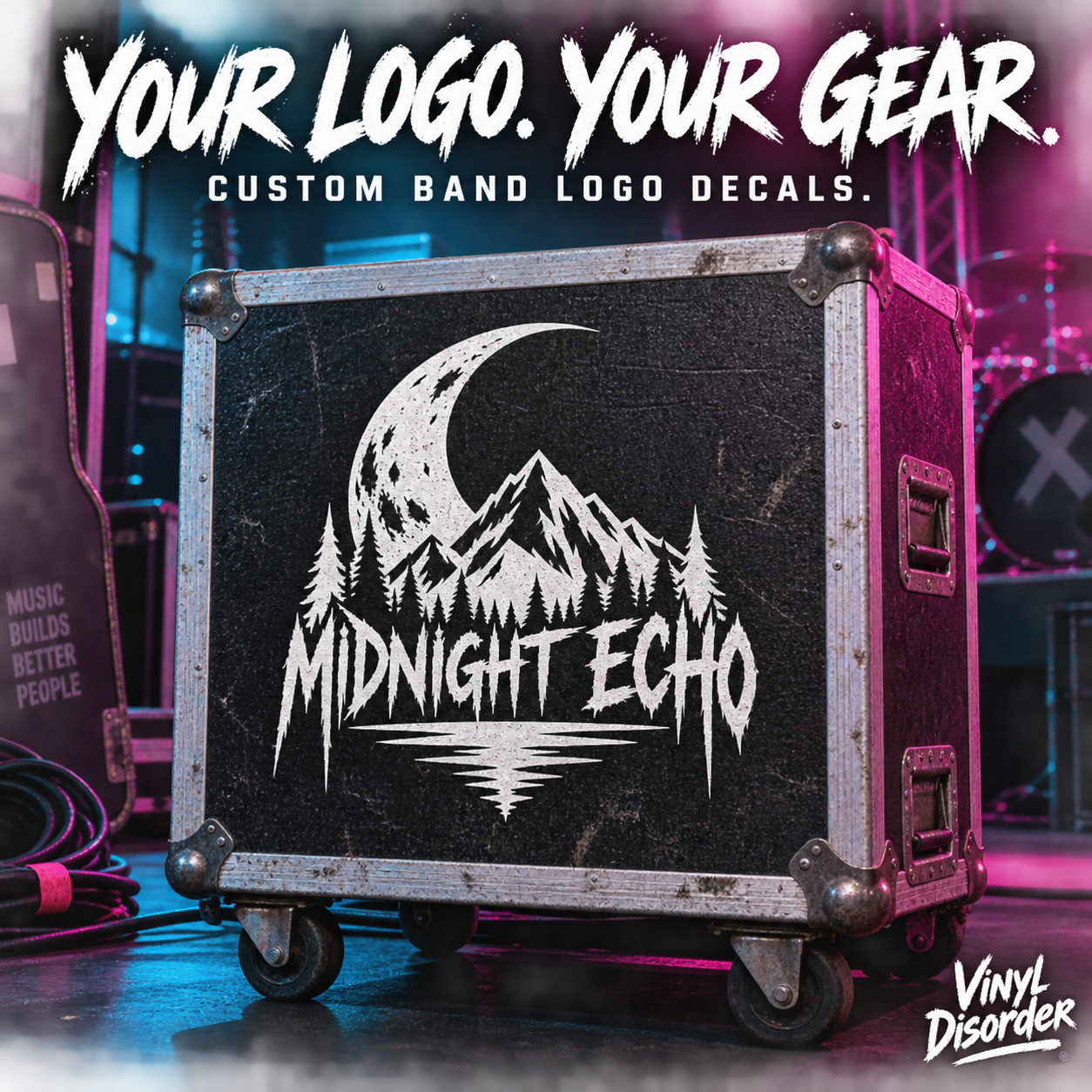 Custom band logo decal, white mountains and 'MIDNIGHT ECHO' text