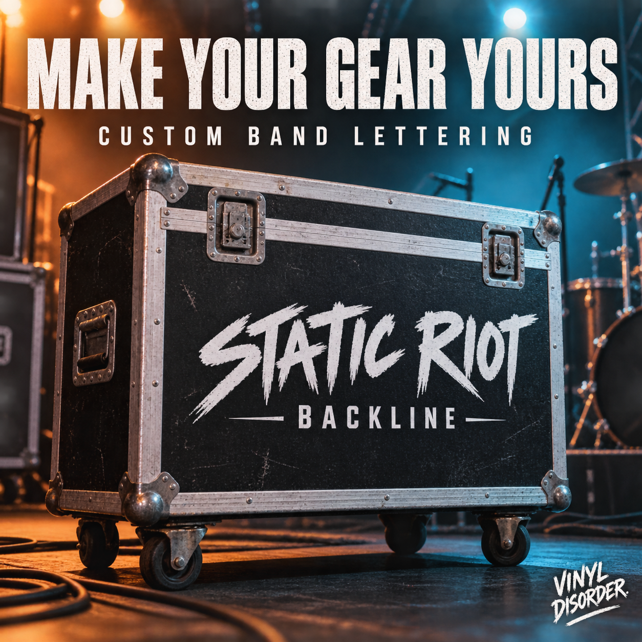 Black metal road case with custom band lettering 'Static Riot' on wheeled base