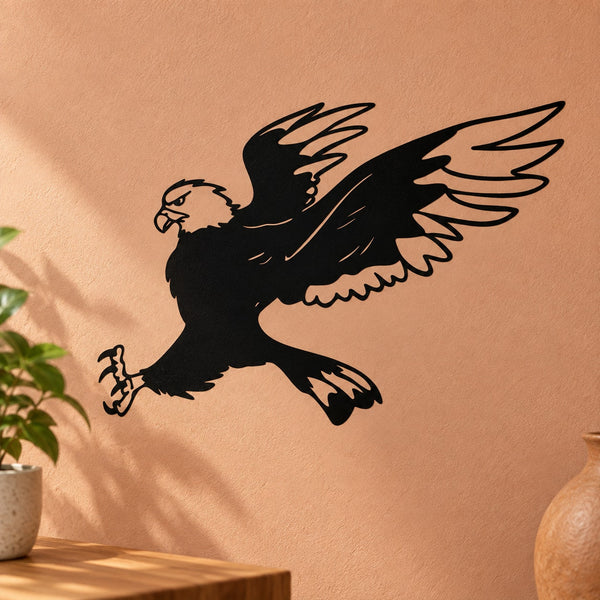 Black eagle attacking wall decal with wings spread and talons forward