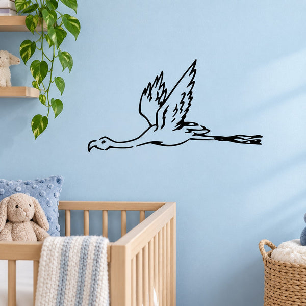 Flying flamingo wall decal, black outline with wings spread and legs extended