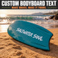 Teal bodyboard with white "Saltwater Soul" vinyl text decal