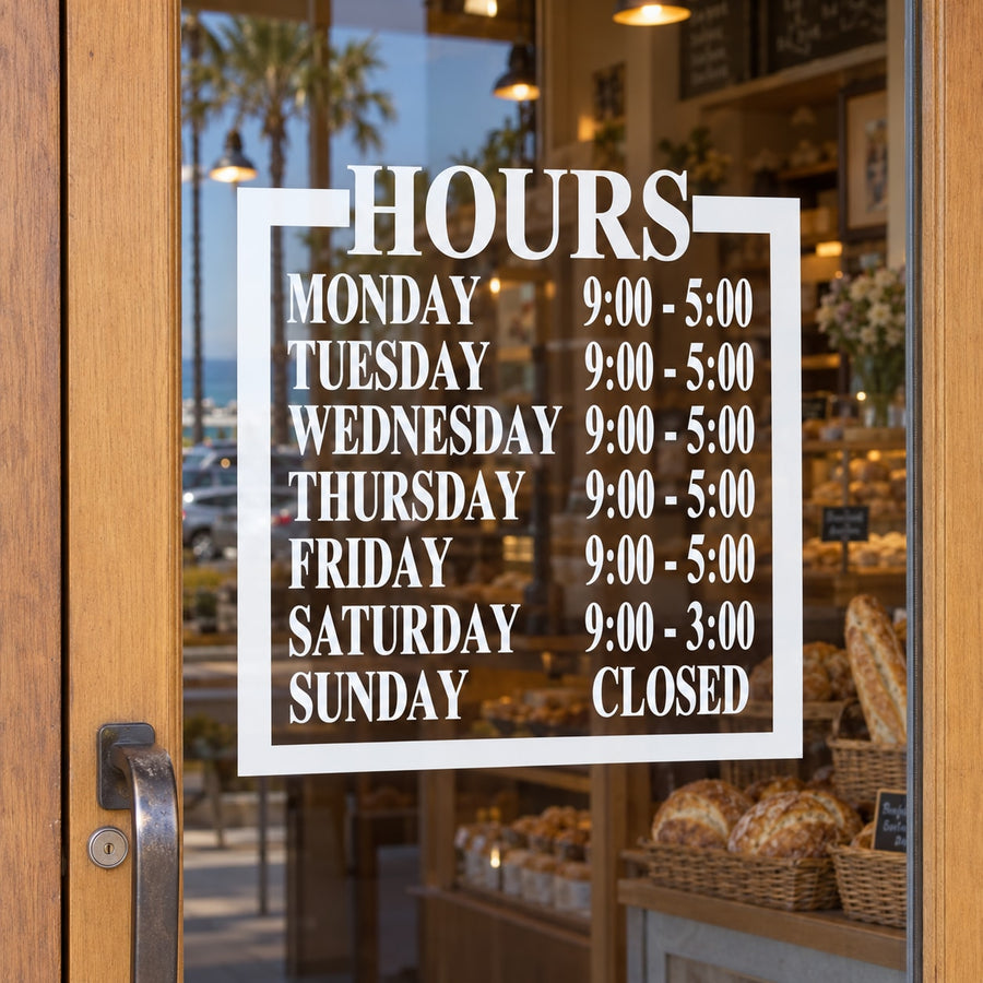 Square business hours decal with days and opening/closing times on dark background