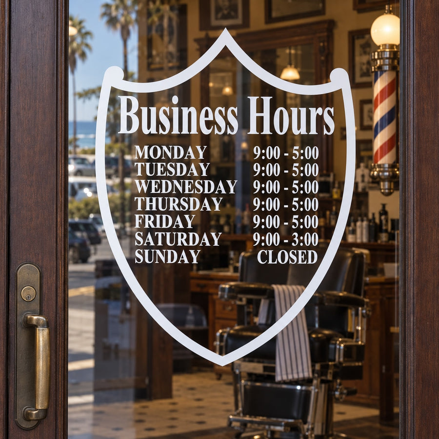 Shield-shaped window decal reading Business Hours with weekday hours and CLOSED