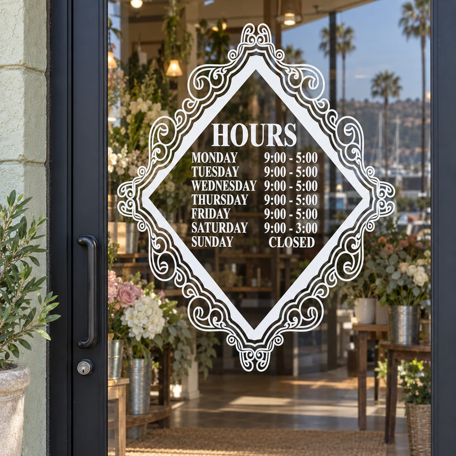 Ornate diamond window decal with business hours text, white lettering on clear background