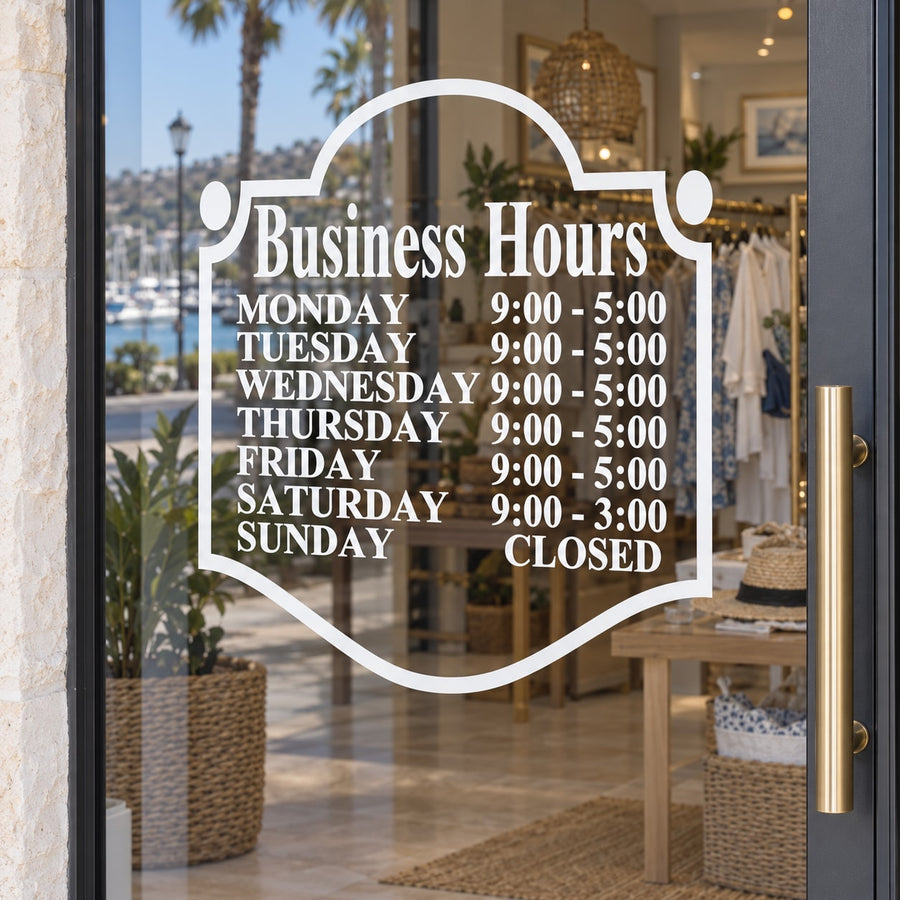 White heart-shaped business hours decal with days and hours printed, including closed