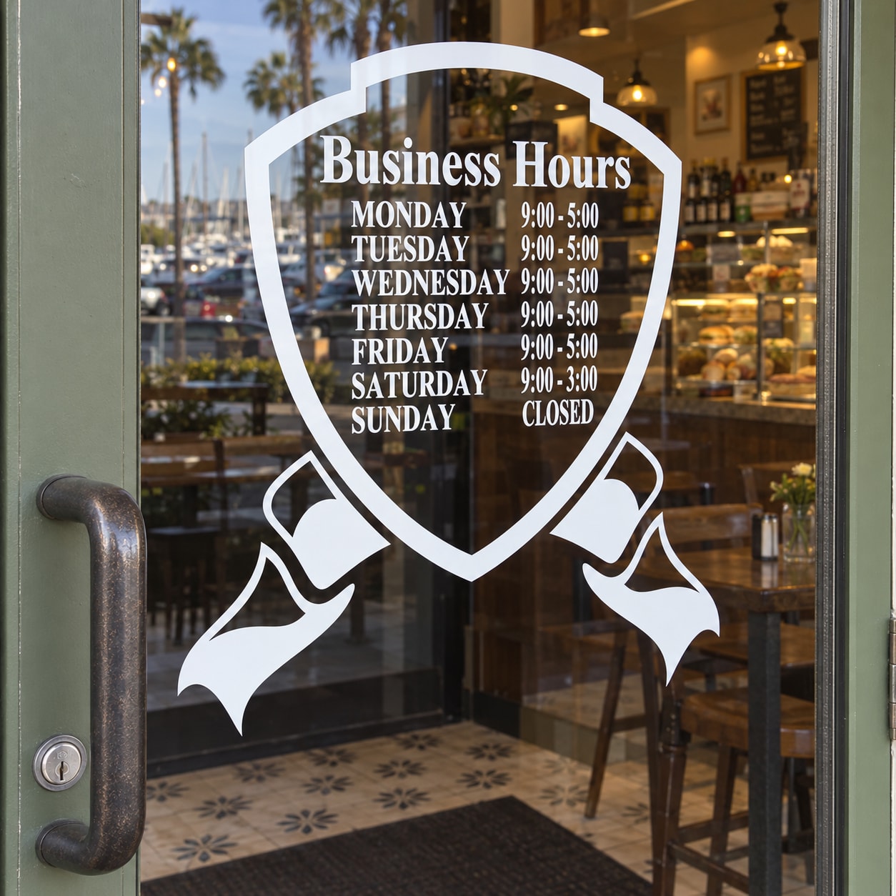 Business hours window decal with shield design and ribbon, printed hours for weekdays