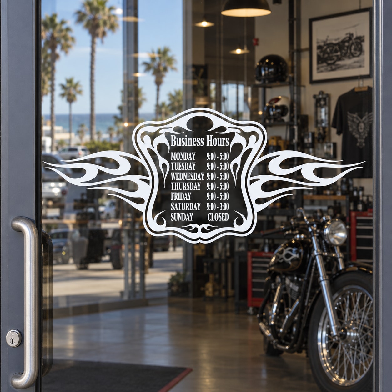 Flame-style business hours decal with ornate center panel and days/times text