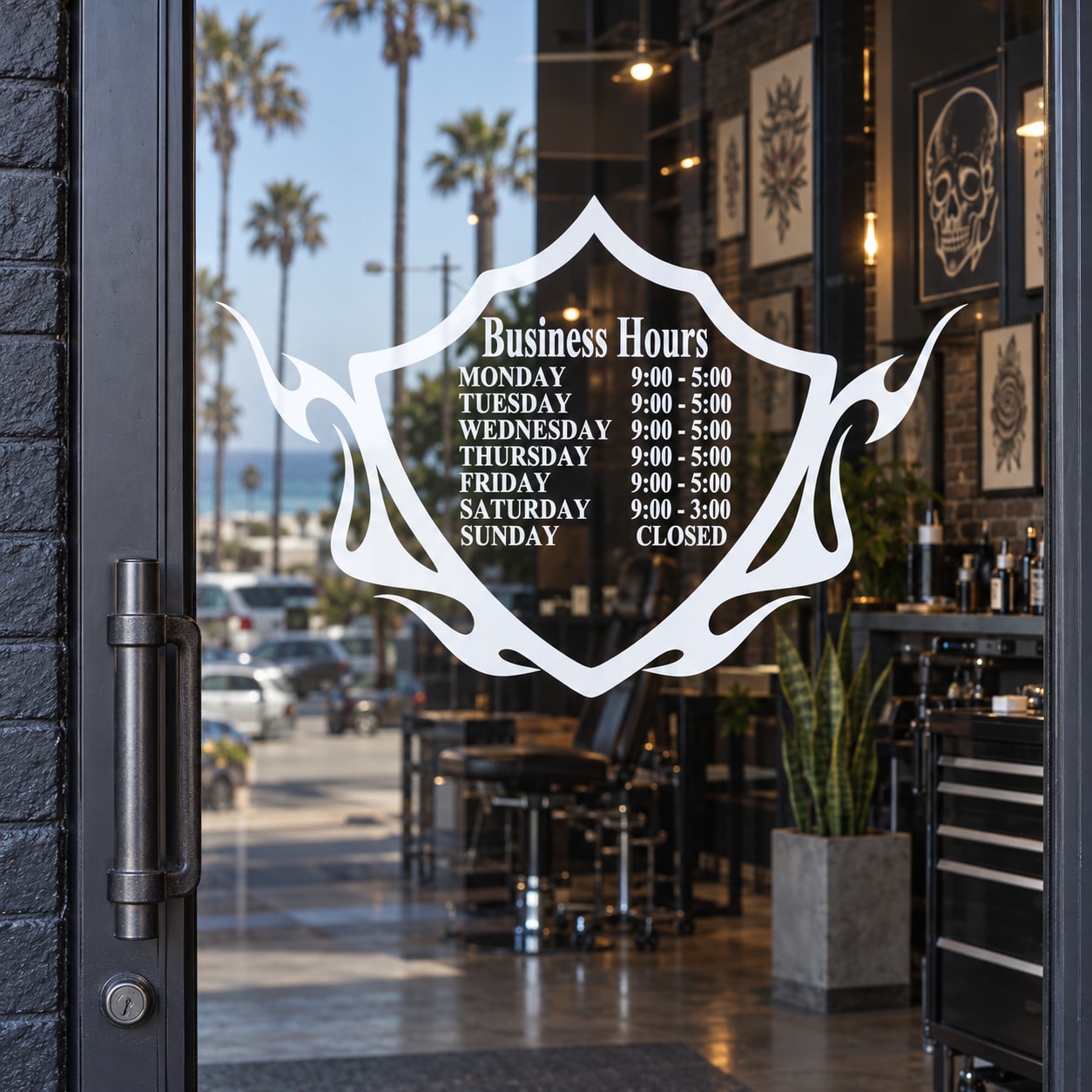 White business hours decal with crest-shaped shield and listed hours Monday–Sunday